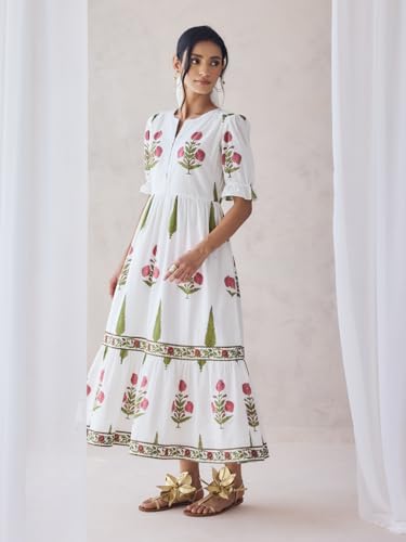 Image of FIORRA Women Fit & Flare Off-White Floral Printed Cotton Midi Dress