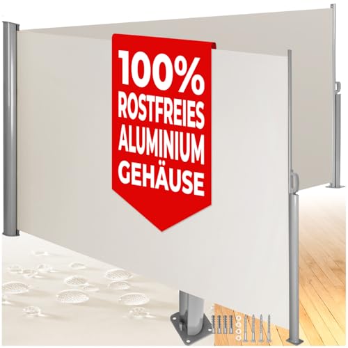 tectake Aluminium Doppel- Seitenmarkise ausziehbar, Outdoor Seitenwand als Garten Sonnenschutz, Balkon Sichtschutz, Terrassen Windschutz, mit Aufrollmechanismus - 200 x 600 cm, beige