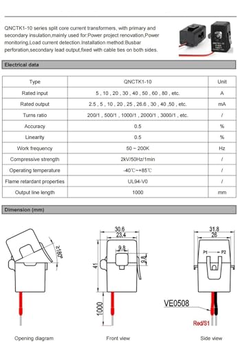 Transformador pinza QNCTK1-10 de 50A para medir corriente sin cortar el cableado 4