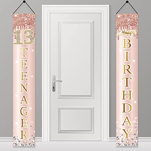 Image of 13th Birthday Decorations Door Banner for Girls, Pink Rose Gold 13 Teenager Happy Birthday Sign Party Supplies, Sweet Thirteen Year Old Birthday Backdrop Porch Decor