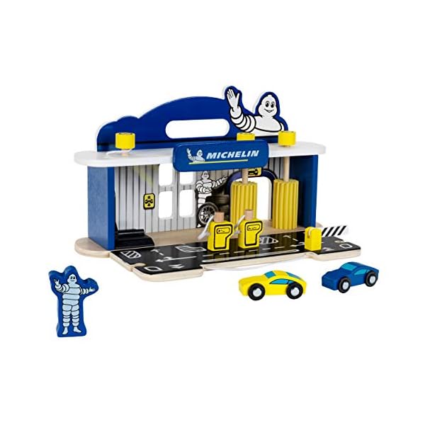 Theo Klein 3403 MICHELIN Service Station with 2 Cars , Wood I Incl Lifting Platform and Fuel Pumps I Compatible with…