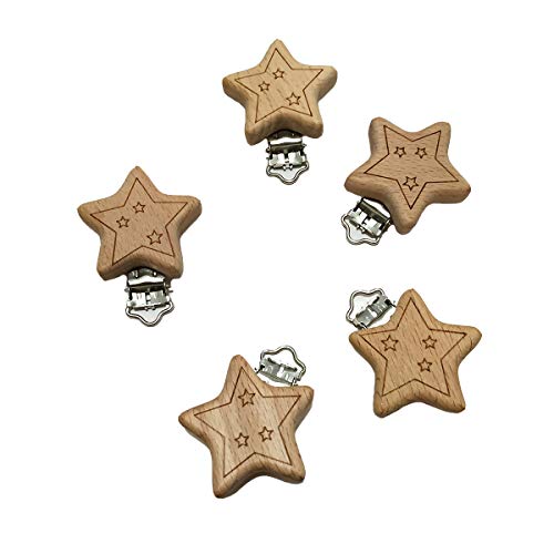 Image of 10pcs Natural Wood Suspender Pacifier Clips Cute Beech Wooden Animal Start Shape Clips DIY Beading Pacifier Chain Accessory