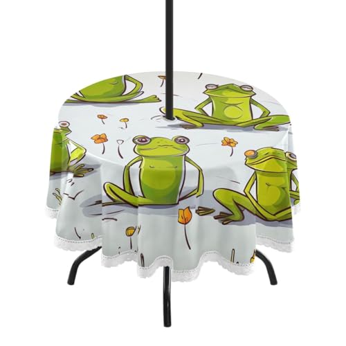 Wajiw 60 Inch Indoor Outdoor Round Tablecloth with Umbrella Hole and Zipper Waterproof Patio Table Cover for Camping Dining Room Party Outdoor Picnic,Frogs