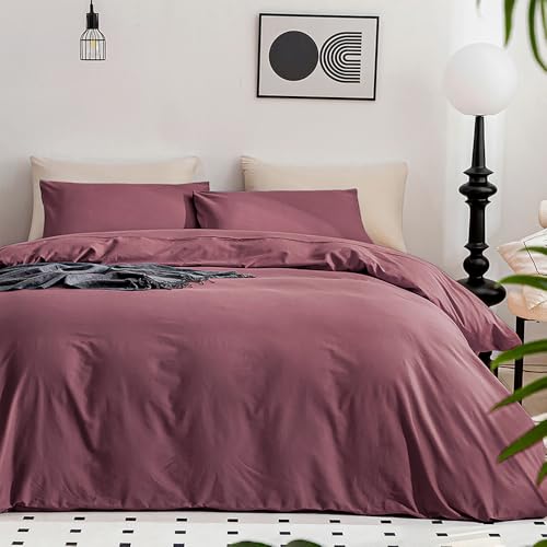 JELLYMONI Plum Duvet Cover King Size - 100% Washed Cotton Linen Like Textured Comforter Cover, 3 Pieces Lightweight Soft Bedding Set with Zipper Closure (Plum, 104