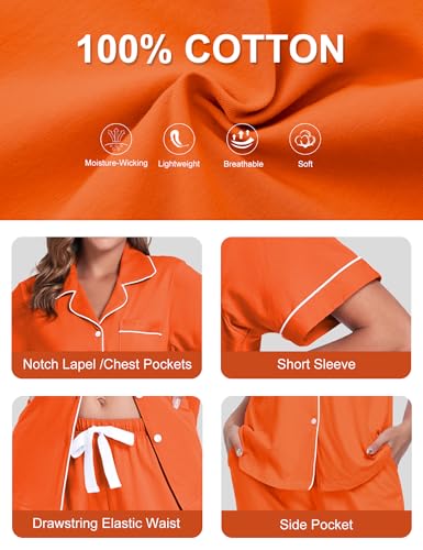 Image of COLORFULLEAF Women's 100% Cotton Pajamas Set Button Down Sleepwear Short Sleeve Shirt and Long Pants Soft Ladies Lounge Sets