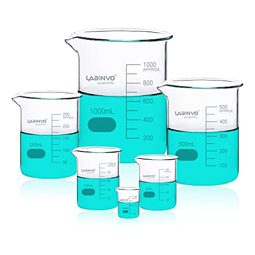 LABINVO Glass Beaker Set, Each 1pc of Vol.25 50 100 250 500 1000ml, 3.3 Borosilicate Glass Beakers, IN-BKLS03