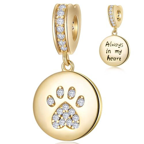 18K Yellow Gold Plated Dog Paw Print Pendant Charms, Fit Pandora Mothers Day Bracelet, Always in My Heart Pet Footprint CZ Beads, Gift for Mum in Law/Daughter
