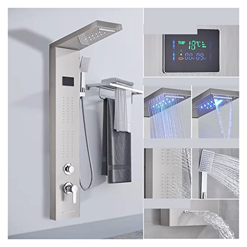 SnamicE Shower system, Digital Shower System Stainless Steel Shower Panel Tower System Led Shower Panel 5 Function Bathroom Shower Faucet Wall Mounting Black Cold And Hot Shower Column,8011 brushed