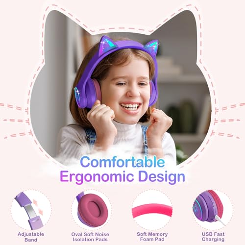 LOBKIN Bluetooth 5.4 Kids Headphones with Case - RGB LED Light Up Cat Ears Foldable Adjustable Over Ear Headphone Support Wireless or 3.5mm Wired Mode for Toddler & Girls & Boys Teens by LOBKIN - Image 2