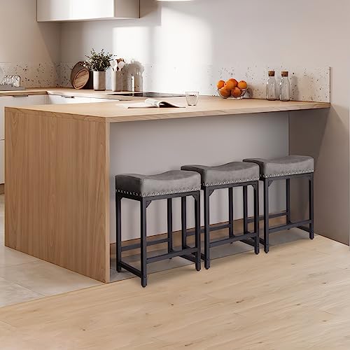 FLYZC Counter Height Bar Stools Set of 2, Bar Stools for Kitchen Counter, 24 Inch Counter Stools Saddle Barstools with Metal Base for Pub, Bar, Kitchen Dining Room(Grey) - Thumbnail 2