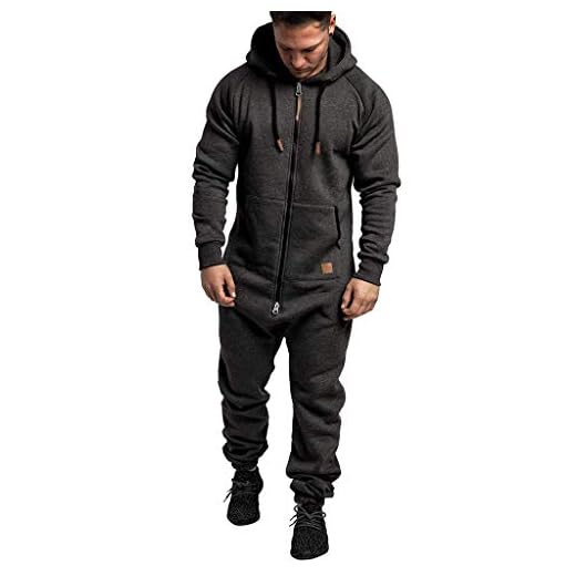 WUAI Onesie Men's Hooded Jumpsuit Zip Up One Piece Pajamas Playsuit Jogger Sweatsuit Overall Romper (Dark Gray,Large)