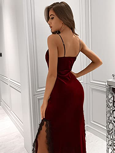 Sweatyrocks Women's Lingerie Velvet Nightgown Lace Slip Sleepwear Dress Solid Burgundy M #TOP1