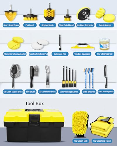 AUTOWN 30PCS Car Detailing Kits, Detailing Brush Set with Drill Brush Attachments and Portable Tool Box, Car Cleaning Kits for Interior, Exterior, Wheels, Windows