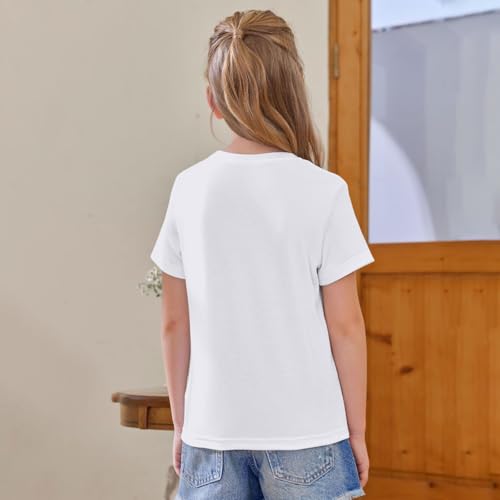 Camiseta de algodón de manga corta para niñas, cuello redondo liso, camiseta básica para niños, camiseta atlética, camiseta informal ligera y suave, blanco, 12-13 años
