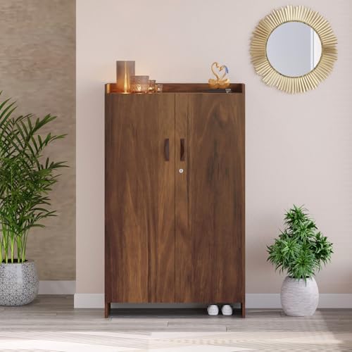 Image of BLUEWUD Brooklyn Tall Engineered Wood 2 Doors with Lock Shoe Rack Cabinet Slipper Footwear Stand Organizer can Store Up to 24 Pairs for Home, DIY (Do it Yourself) (Brown Maple) (Size Upto UK 9)