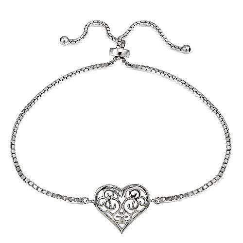 Hoops & Loops Sterling Silver Filigree Heart Polished Adjustable Barcelet