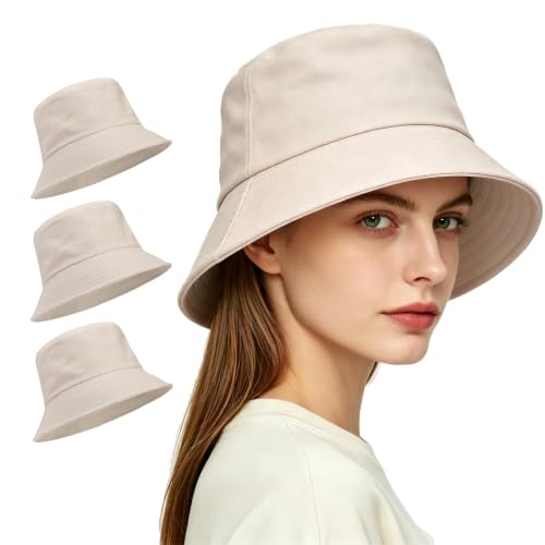 Unisex 3-Pack UV Packable Summer Bucket Hats for Outdoors Solid Color Beige