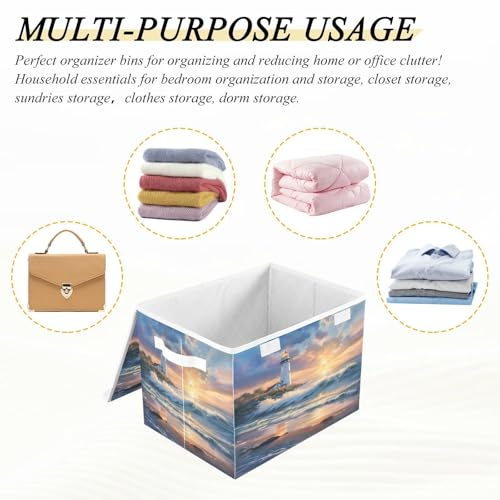Image of senya Large Storage Bins with Linen Collapsible Foldable Storage Cubes Fabric Closet Organizer Containers box with Flip-Top Lid for Home Bedroom Office 16.7 x 12.6 x 11.8in (Seaside Scenery)