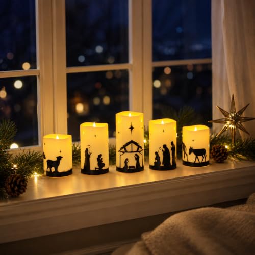 Image of Nativity Scene Flameless Candles, Christian Christmas Decorations, 5 Pack