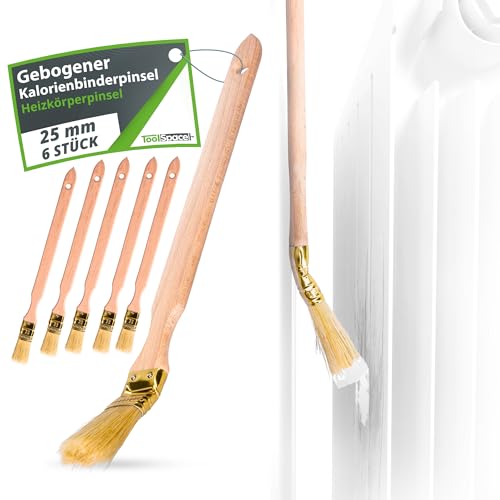 ToolSpace Heizkörperpinsel 6X Eckpinsel 25 mm Premium Set Malerpinsel Langer Stiel für Schwer Zugängliche Stellen Winkelpinsel Holzgriff Fassadenpinsel Naturborsten schräg Kopf für präzises Streichen