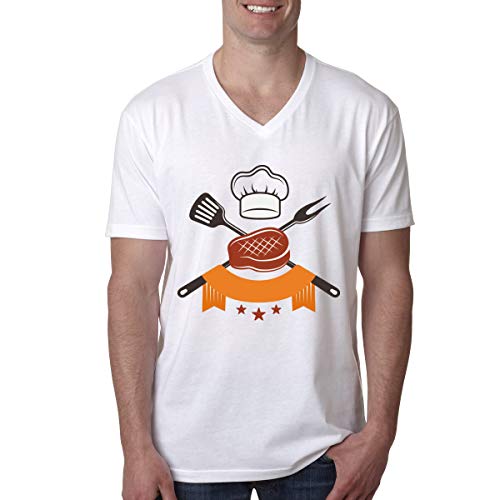 Barbecue Steak Food,Fork,Chef Hat,Shovel Men's V Neck T Shirts White