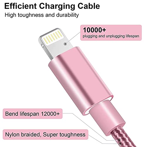 [Apple Mfi Certified] 3 Pack Iphone Charger, 3/6/10 Ft Iphone Charger Nylon Braided Fast Charging Lightning Cable Compatible Iphone 13/12/11 Pro Max/Xr/Xs/8/7/Plus/6S/Se/Ipad (Pink) #TOP3