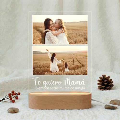 RecontraMago Lámpara Personalizada con Nombre y Dedicatoria | Regalo Día de la Madre y Abuela | Luz Nocturna LED Diseño Floral | Base Madera Grabado Láser (2)