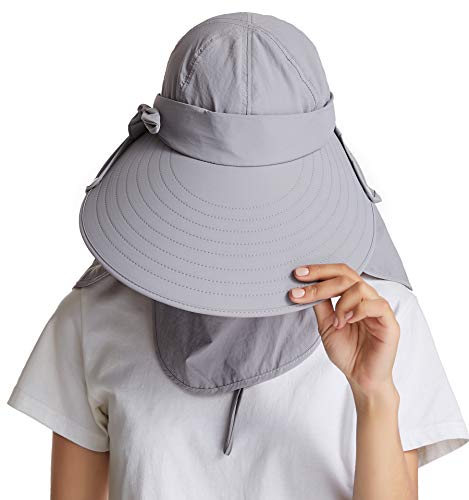 Icolor Women Sun Cap Finshing Hats Upf+50 Detachable Face Mask Neck Flap Visor Wide Brim Sun Protection Hiking Hats (Light Gray) #TOP3