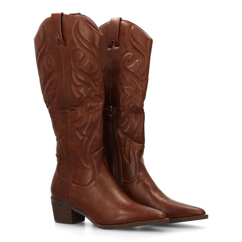 shoes&blues.es 95356 Bota Cowboy para Mujer de Cana Alta con Bordados y Punta Fina. Tacon Ancho.Ideales para Otono Invierno. Marron Talla 39