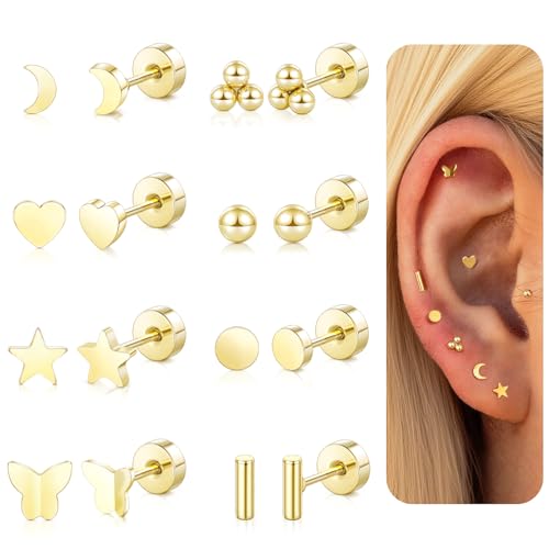 Flatback Stud Earrings for Women Hypoallergenic Gold Silver Surgical Stainless Steel Screw Back Earrings Stack Small Cute Star Heart Butterfly Stud Sets for Helix Cartilage Multiple Piercing (Gold)
