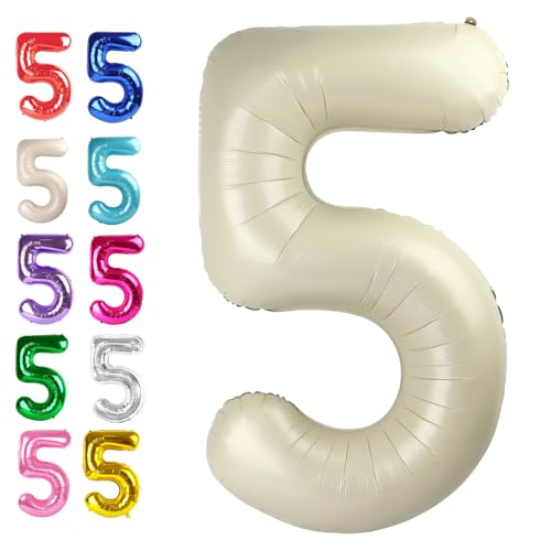 Cream White Number 5 Balloon 40 inch, Birthday Party Balloons Decorations