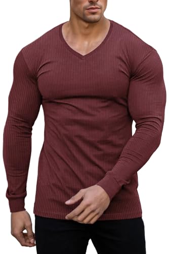 Muscle Cmdr Camiseta Térmica Ajustada de Manga Larga con Cuello en V para Hombre,Estilo Informal,Acanalada,Ligera, para Uso Interior Rojo M