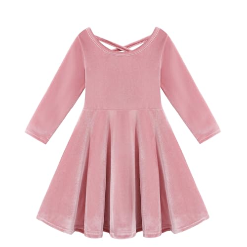 Image of Miyanuby Toddler Girl Fall Winter Clothes Outfit Baby Girl Velvet Twirl Princess Dress Long Sleeve Pocket Swing Party Dress for Baby Girls Pink