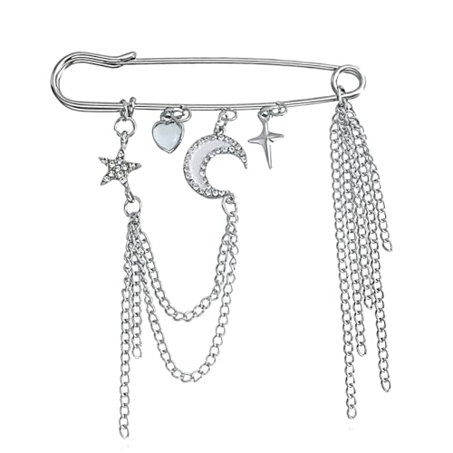 Image of Punk Gold Silver Star Moon Tassel Chain Brooch Sweater Shawl Clips Collar Pin for Women Safety Chain Tassel Broochs