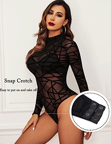 Halloween Costumes Mesh Bodysuit For Women Black Leotard Long Sleeve Slim Bodysuit Tops #TOP1