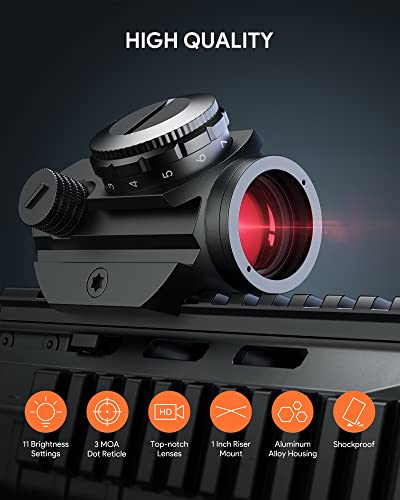 2023 Red Dot Sight, 1X22Mm Compact 3 Moa Red Dot Scope, Reflex Rifle Scope With 1 Inch Riser Mount, 11 Brightness Settings, Gun Sight For Ar/15, Rifles, Shotguns, Airsofts, Aluminum Alloy Housing #TOP1