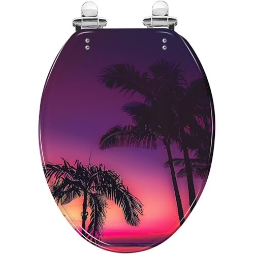 Elongated Toilet Seat Tropical Summer Night Background With Palm Trees Sunset Resin Toilet Seat Slow Quiet Close with Quick-Release Hinges Toilet Seat with Cover Easy to Clean Install