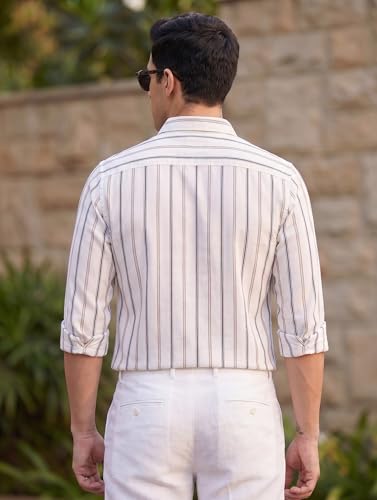 Image of IndoPrimo Men's White Striped Slim Fit Casual Shirt | Premium Cotton Full Sleeve Button-Down Shirt with Chest Pocket | Stylish Office