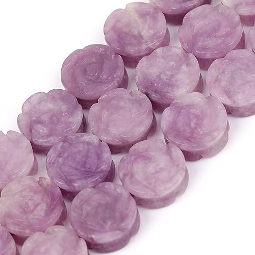 JOE FOREMAN 12Pcs 14mm Natural Purple Phosphosiderite Jasper Stone Plant Rose Flower Double Side Hand Carved Gemstone Semi Precious Beads for Jewelry Making