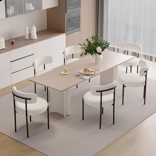Hawthyhome Esszimmerstühle 6er Set丨Teddy Stoff Runde Boucle Esszimmerstuhl·Mid-Century Gepolsterte Küchenstühle·Stühle Esszimmer mit Metallbeinen· Weiß