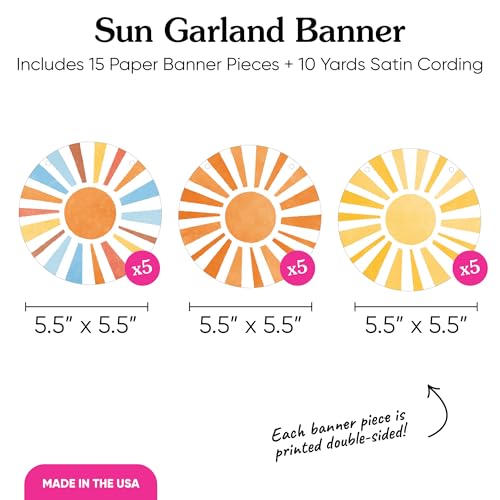 Big Dot of Happiness Retro Sunshine Garland Banner, Here Comes The Son Baby Shower Decorations Backdrop, 15 Feet of Cord, 15 Paper Sunburst Shapes