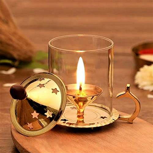 Image of eCraftIndia Golden Brass Akhand Diya with Glass Cover and Holder- Diwali Decoration Items for Home Decor- Gift for Diwali Housewarming