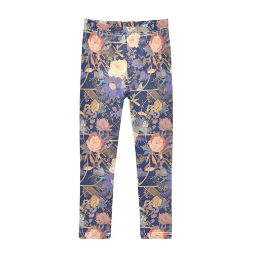 Floral Indonesian Batik Motif Cobalt Kids Girl's Athletic Leggings Comfortable High Waisted Activewear Running