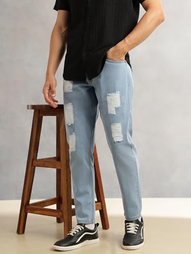 Image of Thomas Scott Men Smart Slim Fit Jeans | Mid-Rise | Light Shade | Highly Distressed | 5 Pocket Design | Non Stretchable Denim | No Fade