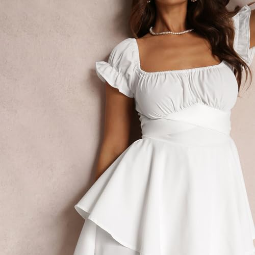 Image of Women Summer Boho Ruffle Short Dress Square Neck Layered Flowy Swing Solid Color Casaul Sun Beach Mini Dresses