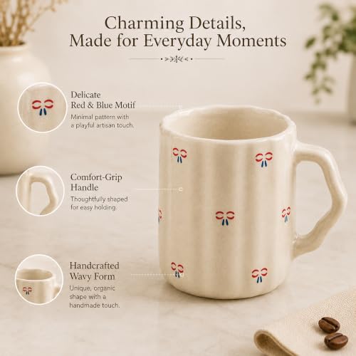 Image of The Earth Store Cream Bow Coffee Mug - 300ML Ceramic Coffee Mugs Set of 4 | Microwave & Dishwasher Safe Mugs for Gift | Home | Office | Restaurant | Daily Use