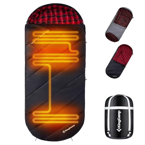 KingCamp Heated Sleeping Bag for Adults Cold Weather & Warm Extra Wide Big & Tall XL Portable Waterproof Flannel Sleeping Bags Essentials Gear Accessories for Camping Backpacking Hiking Black