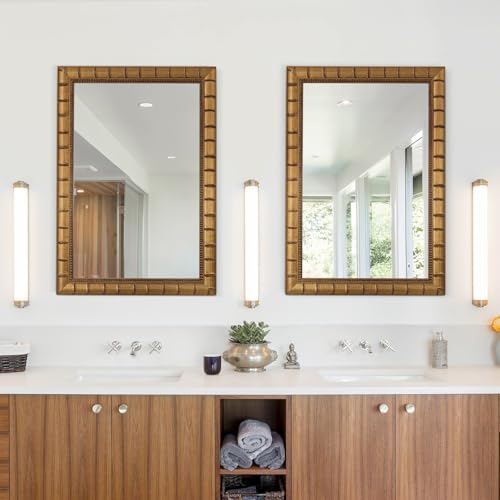 Image of Vintage Warm Gold Mirror, 39'' x 27'' Solid Wood Mirror Frame with Vintage Bamboo Design, Decorative Mirrors for Living Room, Bathroom, Bedroom, Entryway, Fireplace, Horizontal /Vertical