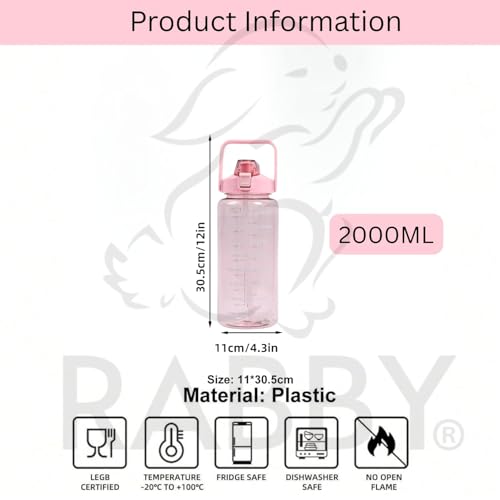 Image of RABBY 2L Motivational Water Bottle for Kids & School Use | Time Marker, BPA-Free, Leakproof Straw Lid, Carry Strap | Plastic Water Bottle for Travel, Sports, Gym, Office (Pink 1Pcs)