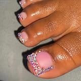 French Press on Toenails Short Square Fake Toe Nails Rhinestone False Toenails Glossy Full Cover Acrylic Glue on Toenails Nude Toe Nails Bling Stick on Toenails for Women 24 Pcs